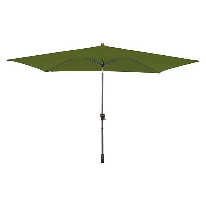 Doppler Marktschirm myZone Auto Tilt - Kiwi, Bespannungsmaß (L x B): 200 x 300 cm - Ein rechteckiger Sonnenschirm mit grünem Bezug und dunkelgrauem Mast, ausgestattet mit einer Kurbelmechanik.