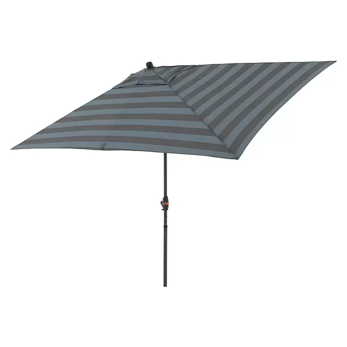 Doppler Marktschirm myZone Auto Tilt - Blockstreifen Anthrazit, Bespannungsmaß (L x B): 200 x 300 cm - Rechteckiger Sonnenschirm mit grau-hellgrauen Streifen und dunklem Mast.