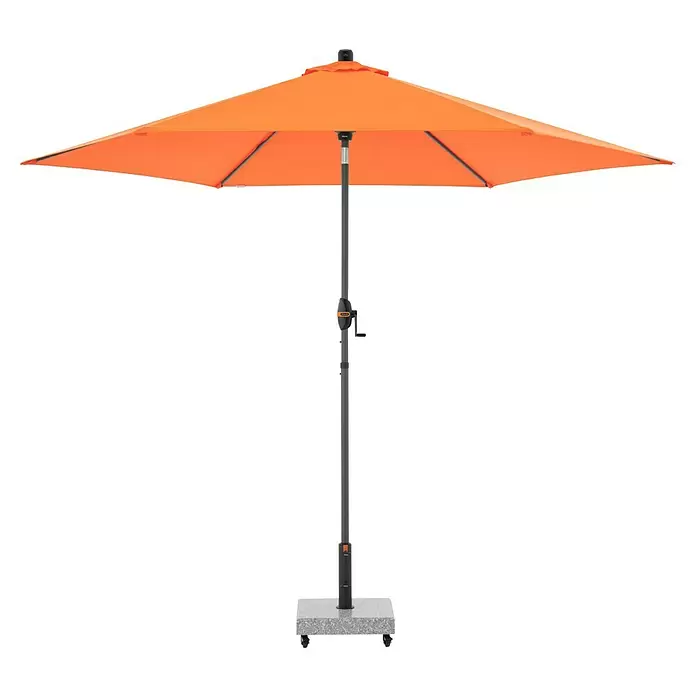 Doppler Marktschirm myZone Auto Tilt - Orange, Durchmesser Bespannung: 305 cm - Orange Terrassenschirm mit grauem Mast, Kurbel und Granitfuß auf Rollen.