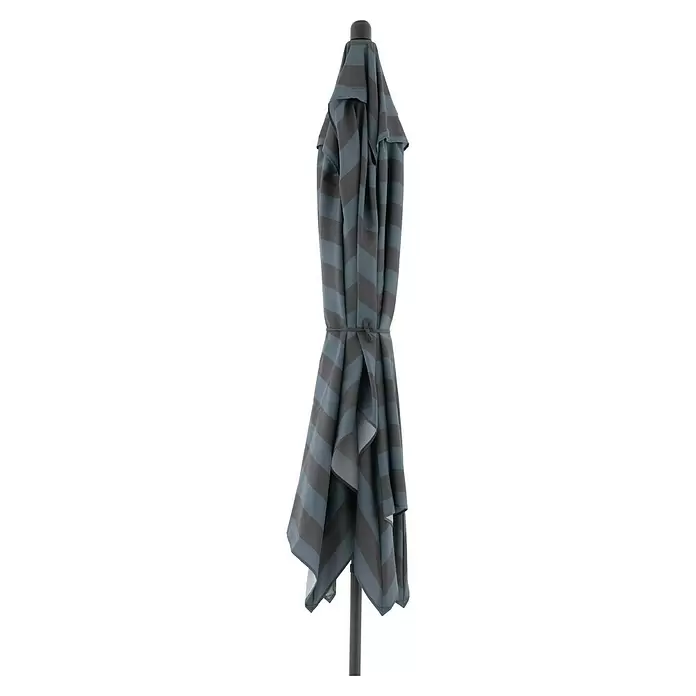 Doppler Marktschirm myZone Auto Tilt - Blockstreifen Anthrazit, Bespannungsmaß (L x B): 200 x 300 cm - Geschlossener Terrassenschirm mit grau-blauen Streifen, ordentlich mit Stoffband gebunden.