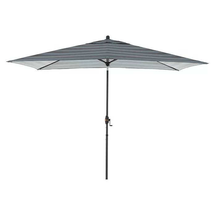 Doppler Marktschirm myZone Auto Tilt - Blockstreifen Anthrazit, Bespannungsmaß (L x B): 200 x 300 cm - Rechteckiger Sonnenschirm mit grau-weiß gestreiftem Bezug und dunklem Mast mit Kurbel.