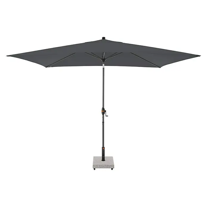 Doppler Marktschirm myZone - Anthrazit, Bespannungsmaß (L x B): 200 x 300 cm - Das Bild zeigt einen grauen Gartenschirm auf einem grauen Steinsockel. Der Schirm spendet Schatten und schützt vor Sonne im Garten.