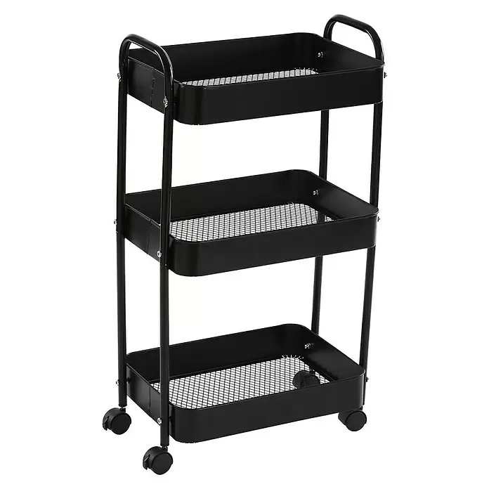 Versa Carro con ruedas - 30 x 46 x 76 cm, Acero, Negro - Carrito utilitario rodante de metal negro de 3 niveles con bandejas de malla para almacenamiento.