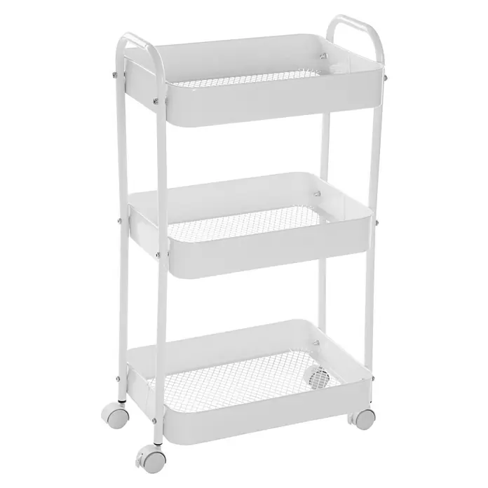 Versa Carro con ruedas - 30 x 46 x 76 cm, Acero, Blanco - Un carrito blanco con tres estantes para almacenamiento versátil. Práctico y elegante para oficina, cocina o baño.