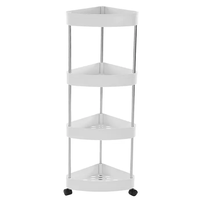 Versa Carro de cocina Artemis - L x An x Al: 25 x 32 x 89,5 cm, Acero, Blanco - Estante esquinero blanco triangular con cuatro niveles y soportes plateados, perfecto para ahorrar espacio en baños o cocinas.