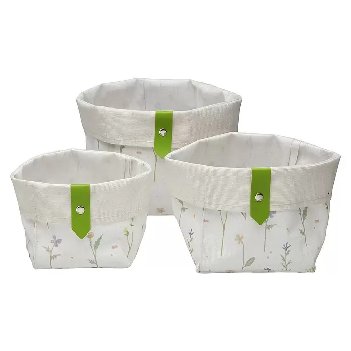 Versa Juego de cestas - Laison, Poliéster - Conjunto de tres cestas de tela blancas con estampado floral y pestañas verdes, para organizar.