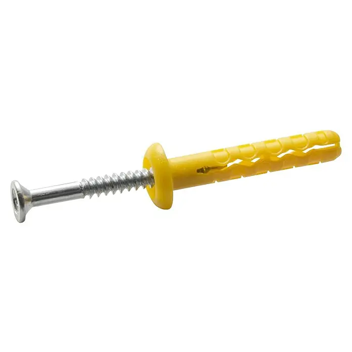 Placafix Taco con tornillo - Diámetro cabeza: 6 mm, Longitud taco: 38 mm, 500 ud. - Primer plano de un taco amarillo con un tornillo plateado. Este elemento de fijación es ideal para un montaje seguro en la pared.