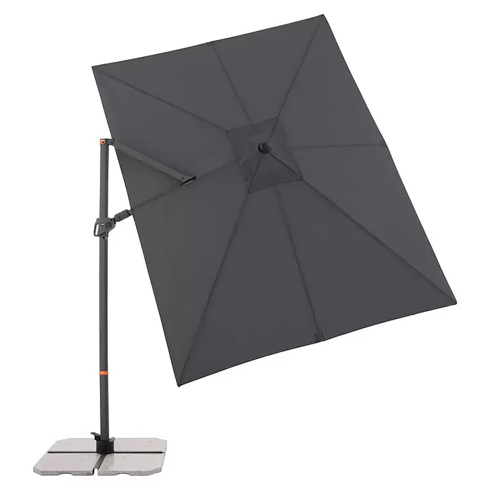 Doppler Ampelschirm myZone AX - Anthrazit, Bespannungsmaß (L x B): 320 x 240 cm - Dunkelgrauer quadratischer Freiarmschirm mit grauem Mast und Fuß für den Außenbereich.