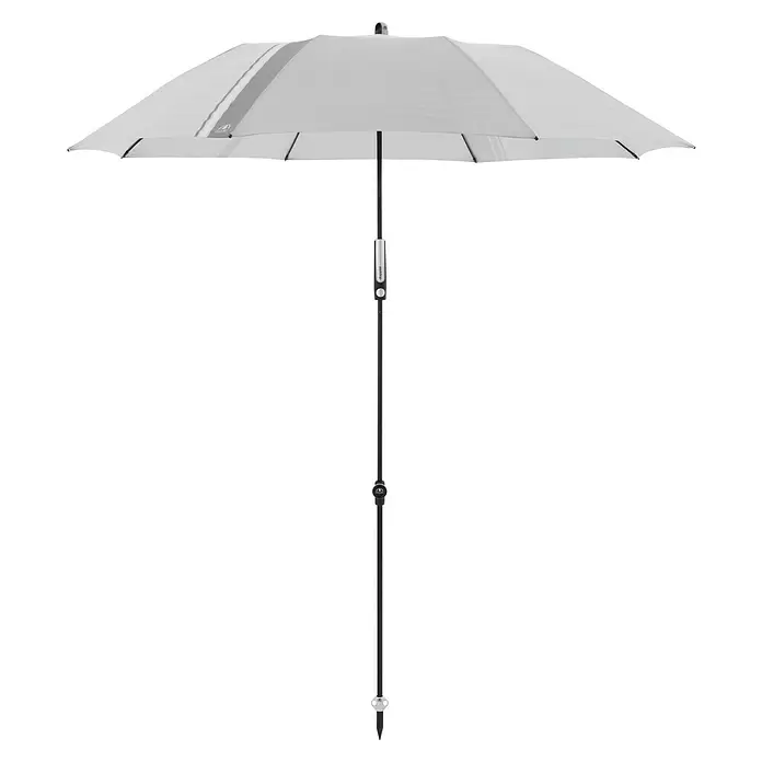 Doppler Expert Strandschirm Manual Muli - Hellgrau, Durchmesser Bespannung: 160 cm - Geöffneter weißer Sonnenschirm mit dunkelgrauem Mast, „Doppler“-Logo auf Stoff und Mast.