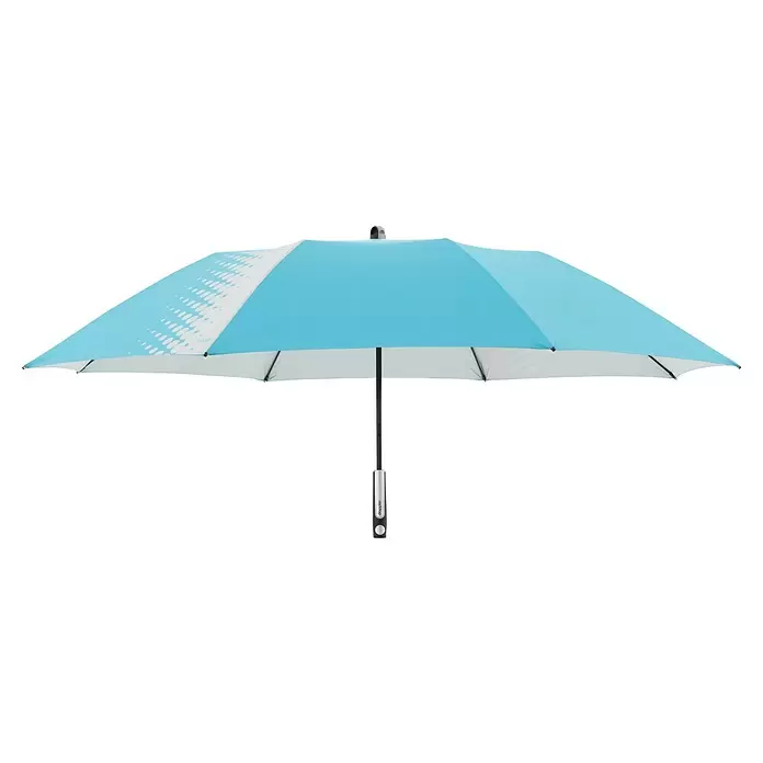 Doppler Expert Strandschirm Manual Muli - Blau/Silber, Durchmesser Bespannung: 160 cm - Geöffneter hellblauer und weißer Regenschirm mit Punktmuster, schwarzem Stock und silbernem Griff.
