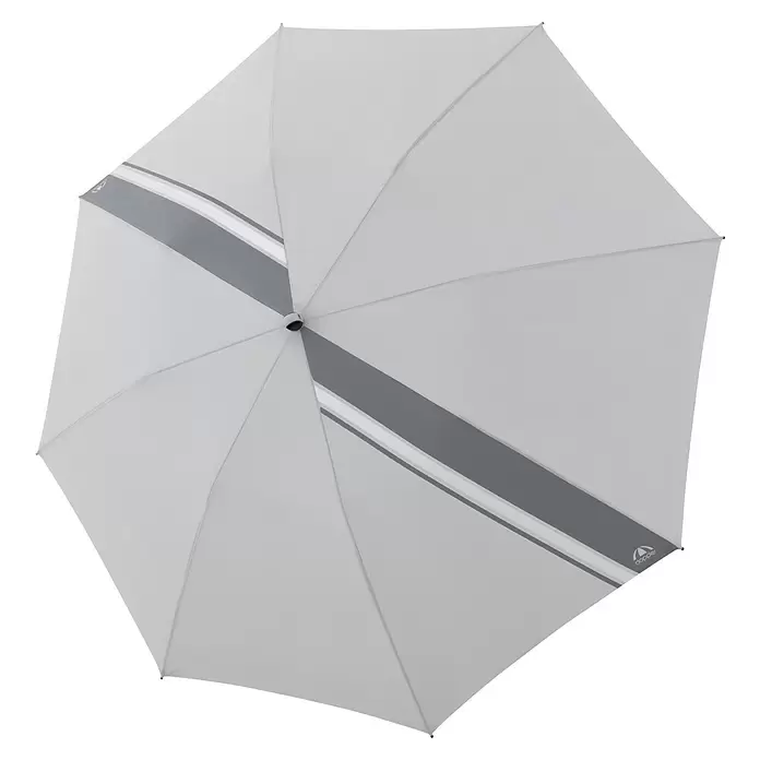 Doppler Expert Strandschirm Manual Muli - Hellgrau, Durchmesser Bespannung: 160 cm - Offener weißer und grauer Regenschirm mit zwei dunkelgrauen Streifen und „Doppler“-Logo, von oben gesehen.