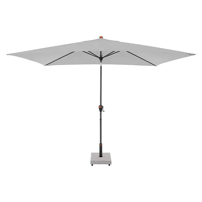 Doppler Marktschirm myZone Auto Tilt - Hellgrau, Bespannungsmaß (L x B): 200 x 300 cm - Rechteckiger grauer Sonnenschirm mit orangefarbenen Akzenten und rollbarem Fuß für den Außenbereich.