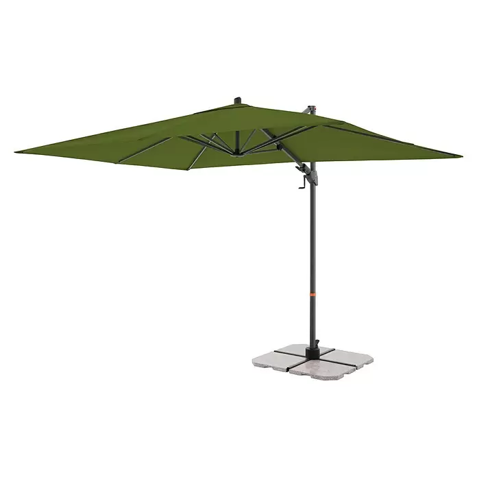 Doppler Ampelschirm myZone AX - Kiwi, Bespannungsmaß (L x B): 320 x 240 cm - Grüner quadratischer Freiarmschirm mit dunkelgrauem Gestell und Steinplattenfuß für den Außenbereich.