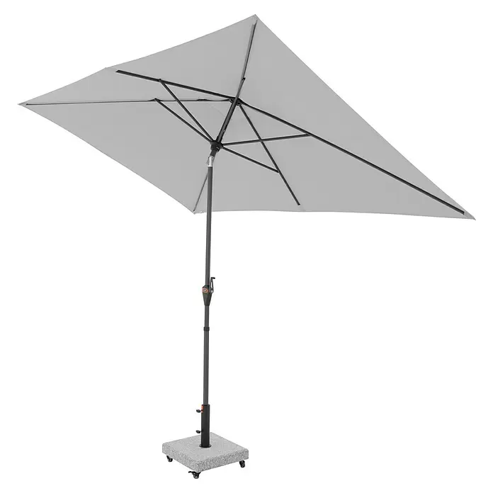 Doppler Marktschirm myZone Auto Tilt - Hellgrau, Bespannungsmaß (L x B): 200 x 300 cm - Grauer Sonnenschirm mit geöffnetem Schirmdach, zentraler Stange und quadratischem Rollsockel.