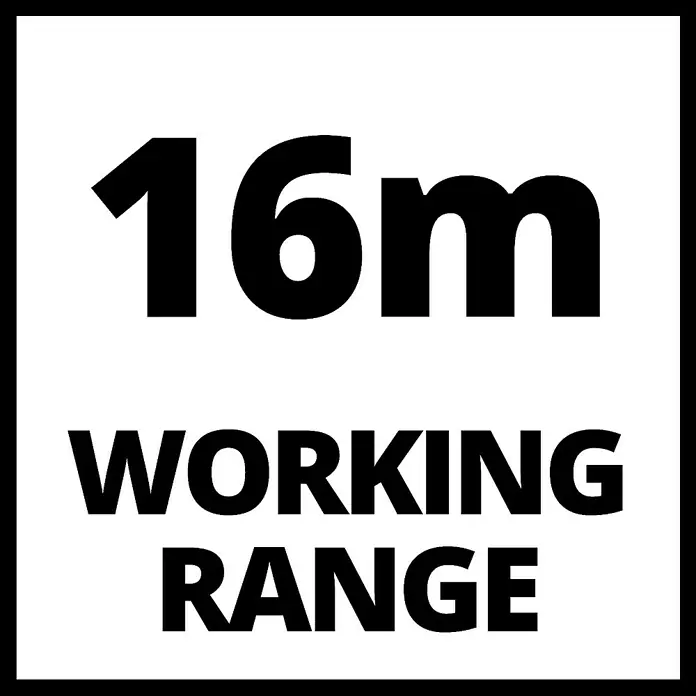 Einhell Kreuzlinienlaser TC-LL 2 G - Max. Arbeitsbereich: 0 m - 16 m - Das Bild zeigt ein Schild mit der Aufschrift "16m Arbeitsbereich", das die Reichweite des Produkts hervorhebt.
