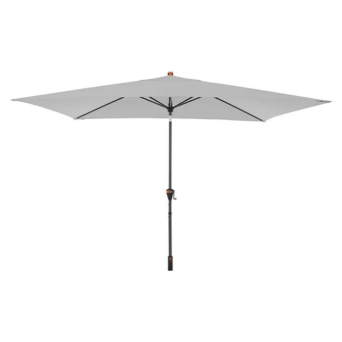 Doppler Marktschirm myZone Auto Tilt - Hellgrau, Bespannungsmaß (L x B): 200 x 300 cm - Rechteckiger hellgrauer Sonnenschirm mit dunkelgrauem Mast und orangefarbenen Akzenten, mit Kurbelmechanismus.