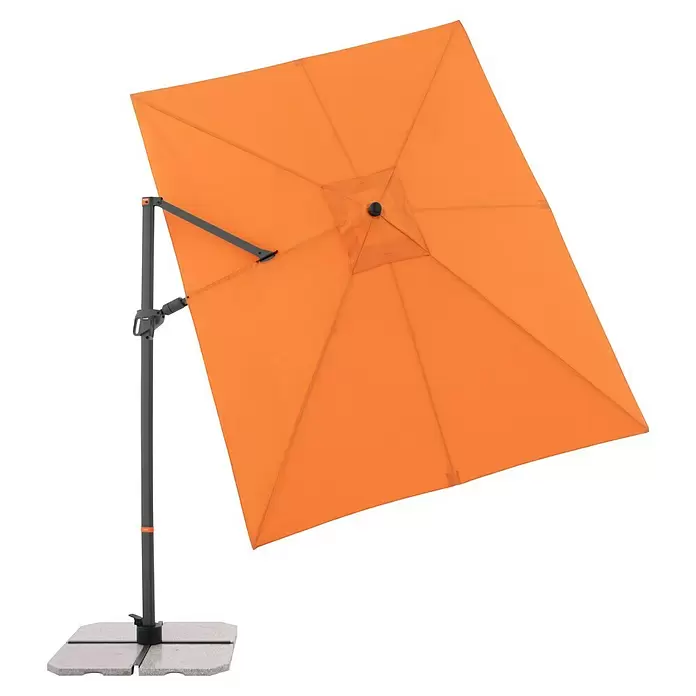 Doppler Ampelschirm myZone AX - Orange, Bespannungsmaß (L x B): 320 x 240 cm - Orange Ampelschirm mit dunkelgrauem Ständer und hellgrauem Betonfuß.