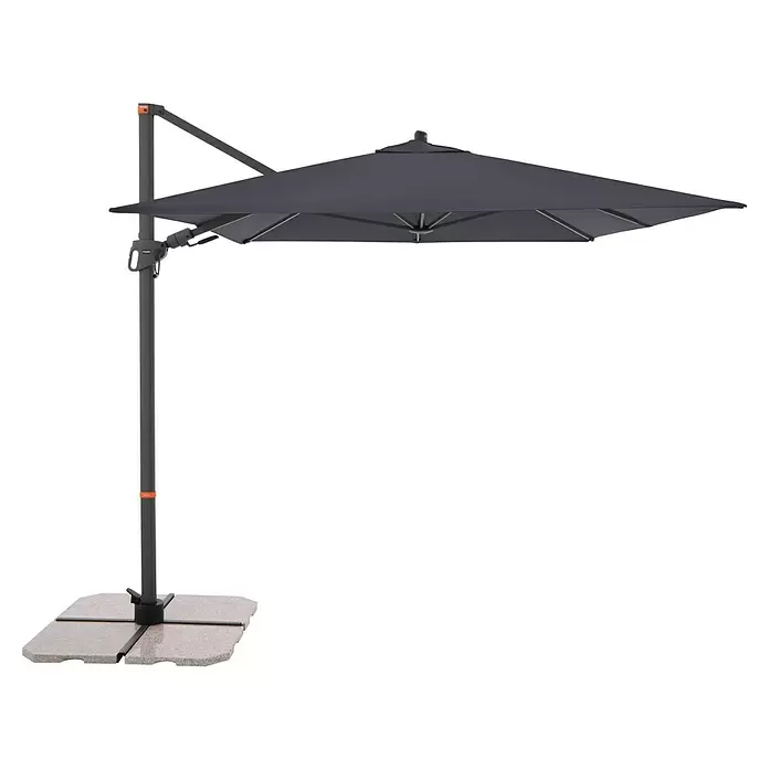 Doppler Ampelschirm myZone AX - Anthrazit, Bespannungsmaß (L x B): 320 x 240 cm - Dunkelgrauer Ampelschirm mit quadratischem Dach und stabilem Standfuß aus vier hellen Steinplatten.