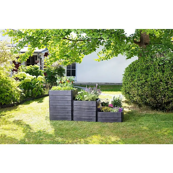 Garantia Hochbeet Ergo Quadro S - 60 x 60 x 25 cm, Kunststoff, Anthrazit, Holzoptik - Drei mehrstufige, bepflanzte Hochbeete aus dunklem Holz im Garten, umgeben von Rasen, Bäumen und Sträuchern.