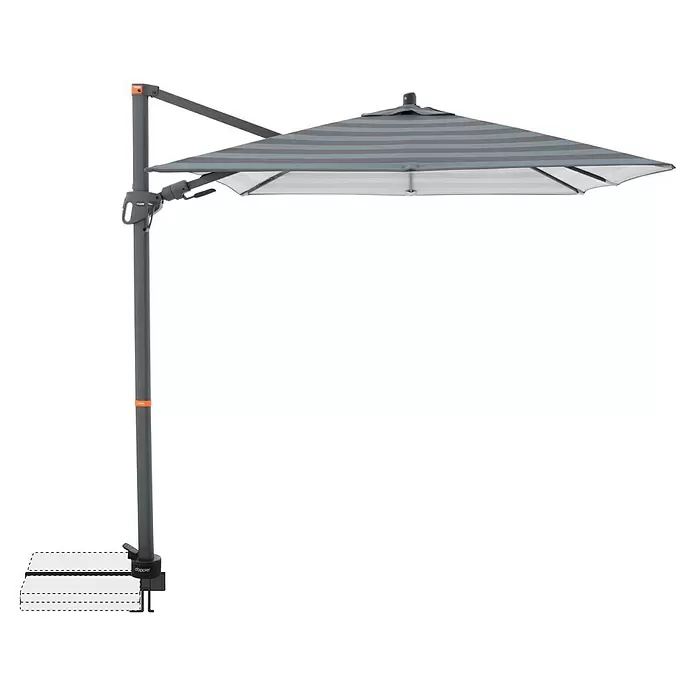 Doppler Ampelschirm myZone AX - Blockstreifen Anthrazit, Bespannungsmaß (L x B): 210 x 210 cm - Grau-weiß gestreifter Ampelschirm mit stabilem grauem Mast, für den Außeneinsatz.