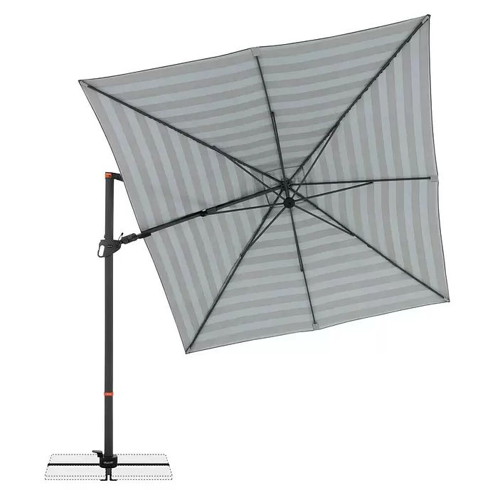 Doppler Ampelschirm myZone AX - Blockstreifen Anthrazit, Bespannungsmaß (L x B): 320 x 240 cm - Grau-weiß gestreifter Ampelschirm, von unten gesehen, mit Stützstange und Basis.