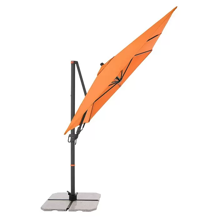 Doppler Ampelschirm myZone AX - Orange, Bespannungsmaß (L x B): 320 x 240 cm - Zusammengeklappter orangefarbener Ampelschirm mit dunkelgrauem Gestell und vierteiligem hellgrauem Sockel.