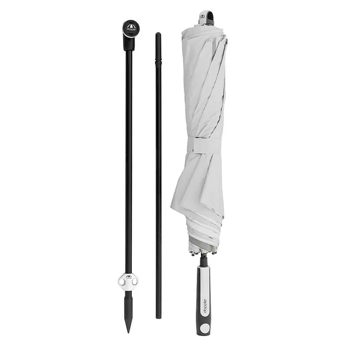 Doppler Expert Strandschirm Manual Muli - Hellgrau, Durchmesser Bespannung: 160 cm - Hellgrauer gefalteter Doppler-Schirm mit schwarzem, zweiteiligem Erdspieß für sicheren Halt.