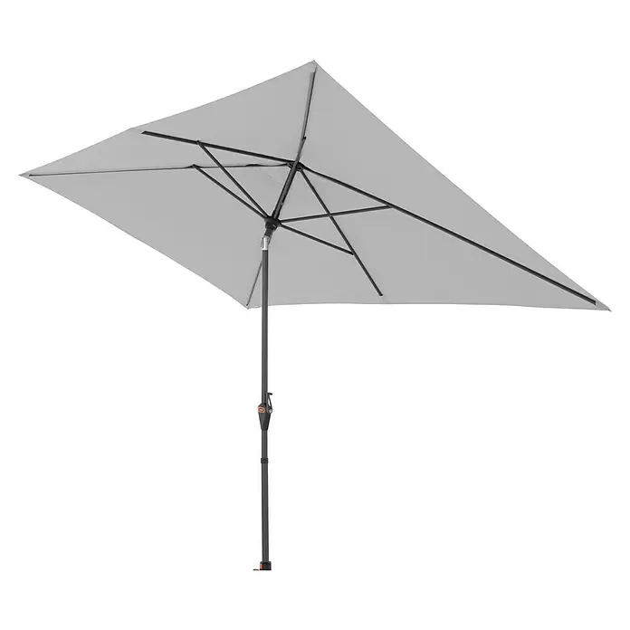 Doppler Marktschirm myZone Auto Tilt - Hellgrau, Bespannungsmaß (L x B): 200 x 300 cm - Grauer rechteckiger Sonnenschirm mit dunkelgrauem Gestell und Stange.