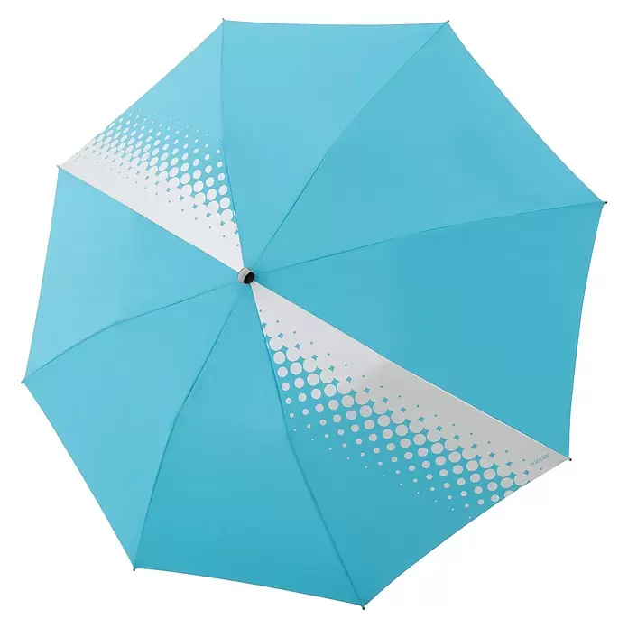 Doppler Expert Strandschirm Manual Muli - Blau/Silber, Durchmesser Bespannung: 160 cm - Hellblauer Regenschirm mit zwei weißen Streifen und einem Halbtonpunktmuster.