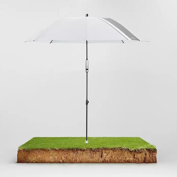 Doppler Expert Strandschirm Manual Muli - Hellgrau, Durchmesser Bespannung: 160 cm - Weißer Sonnenschirm mit grauem Streifen und schwarzem Stiel.