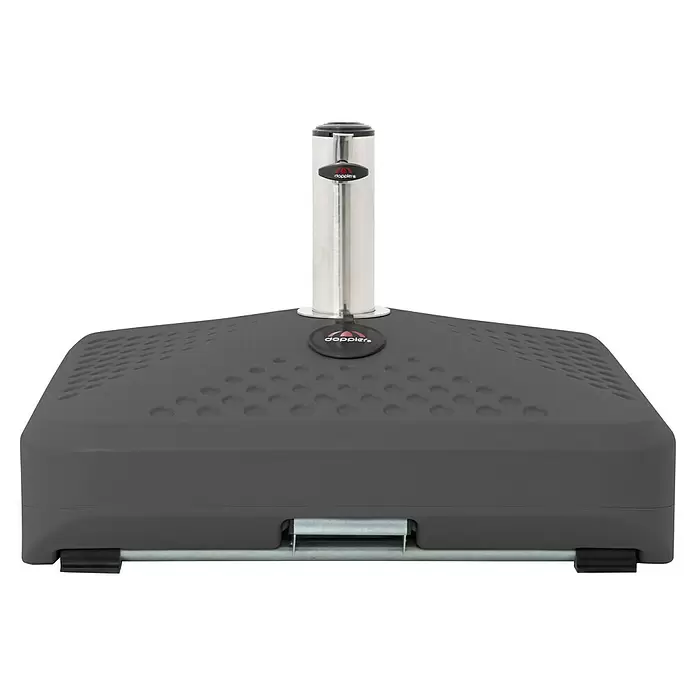 Doppler Active Schirmständer Fill-it - 60 x 60 cm, Passend für: Sonnenschirme bis zu 350 cm, Anthrazit - Dunkelgrauer quadratischer Sonnenschirmständer mit strukturierter Oberfläche und silbernem Rohr, mit doppler Logo.