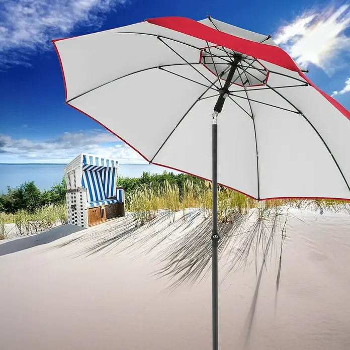 Doppler Strandschirm Windprofi Neo - Rot, Durchmesser Bespannung: 200 cm - Strandbild mit rotem Sonnenschirm.