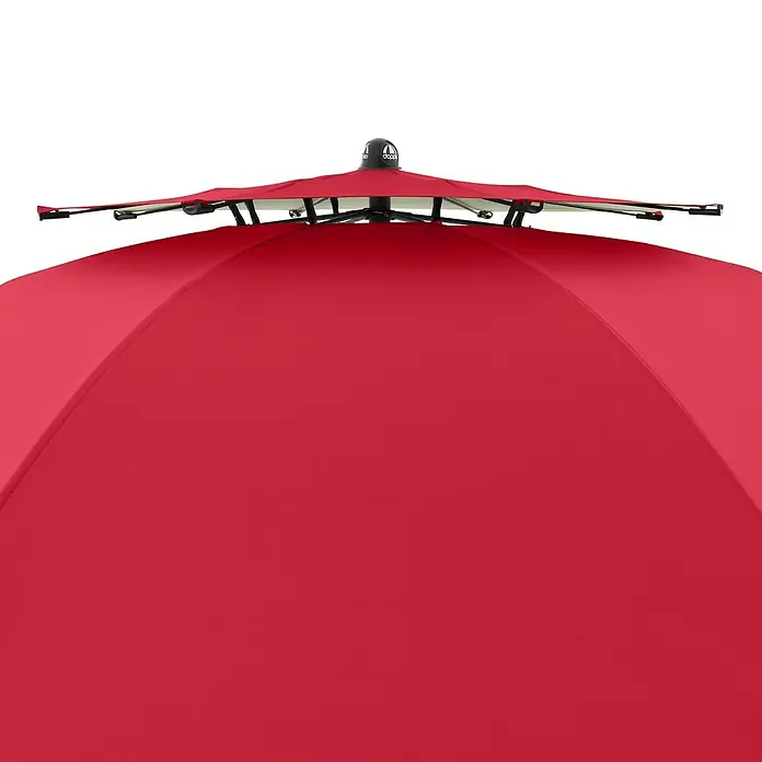 Doppler Strandschirm Windprofi Neo - Rot, Durchmesser Bespannung: 200 cm - Nahaufnahme eines roten Sonnenschirms mit schwarzem Gestell und Logo, ideal für sonnige Tage im Freien.