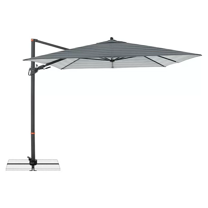 Doppler Ampelschirm myZone AX - Blockstreifen Anthrazit, Bespannungsmaß (L x B): 320 x 240 cm - Grau-weiß gestreifter Ampelschirm mit dunkelgrauem Gestell für den Außenbereich.