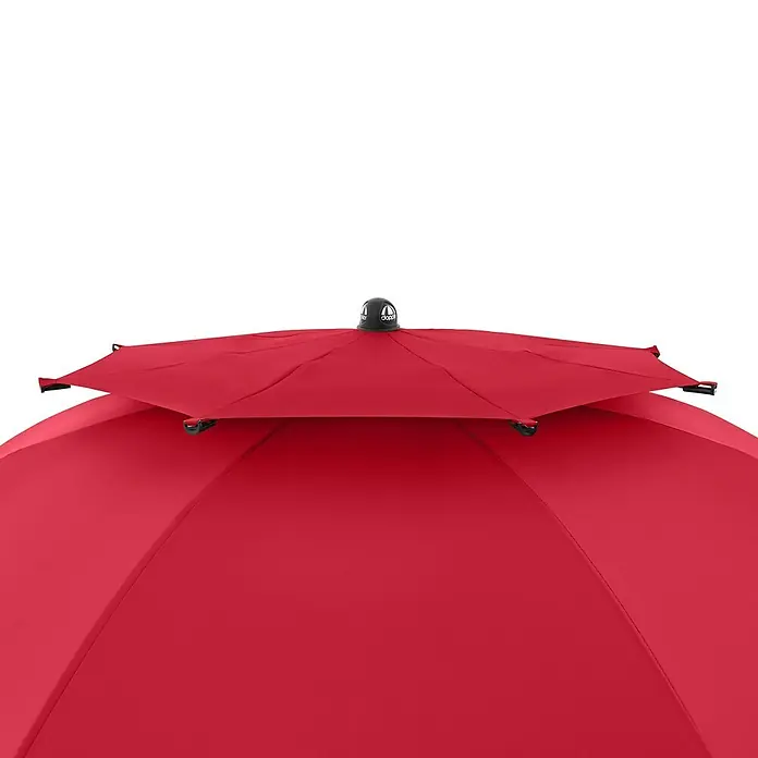 Doppler Strandschirm Windprofi Neo - Rot, Durchmesser Bespannung: 200 cm - Nahaufnahme eines roten Outdoor-Sonnenschirms, der Schutz vor Sonne bietet.