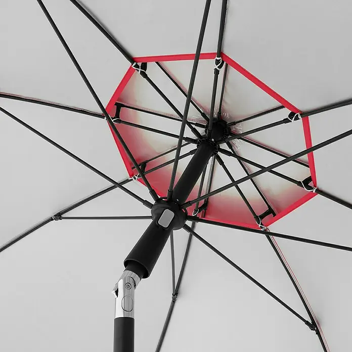 Doppler Strandschirm Windprofi Neo - Rot, Durchmesser Bespannung: 200 cm - Nahaufnahme eines Sonnenschirms von unten, der die Struktur und das Design des Sonnenschirms zeigt.