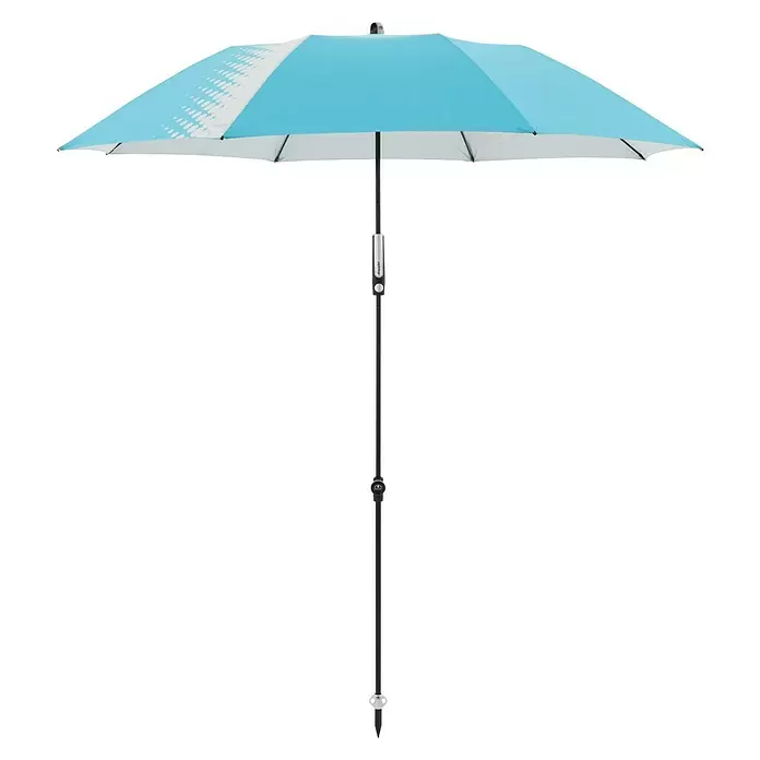 Doppler Expert Strandschirm Manual Muli - Blau/Silber, Durchmesser Bespannung: 160 cm - Ein geöffneter blau-weißer Schirm mit weißem Muster auf dem Schirmdach und einer langen schwarzen Stange.