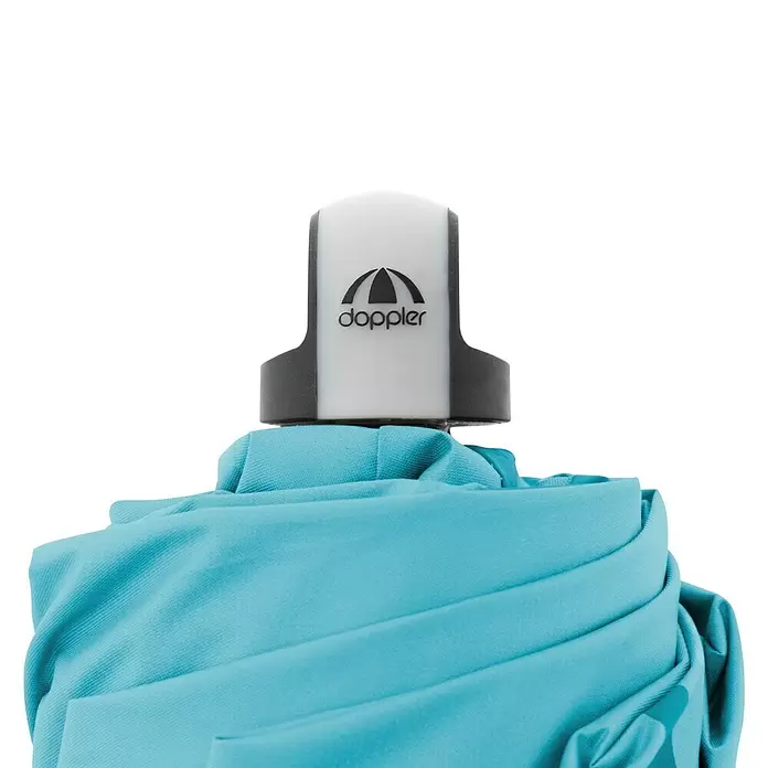 Doppler Expert Strandschirm Manual Muli - Blau/Silber, Durchmesser Bespannung: 160 cm - Gefalteter hellblauer Doppler-Regenschirm mit weißem und grauem Griff, mit Markenlogo.