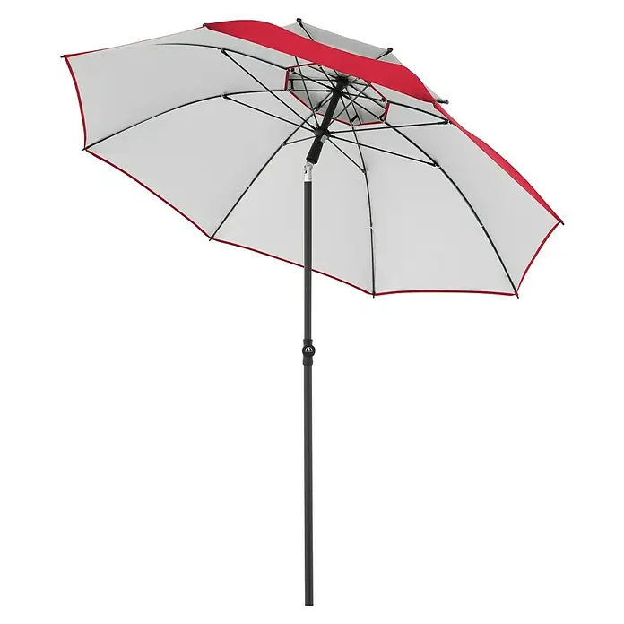 Doppler Strandschirm Windprofi Neo - Rot, Durchmesser Bespannung: 200 cm - Ein roter und weißer Sonnenschirm mit einem stabilen Mast für den Einsatz im Freien, ideal für sonnige Tage im Garten oder auf der Terrasse.
