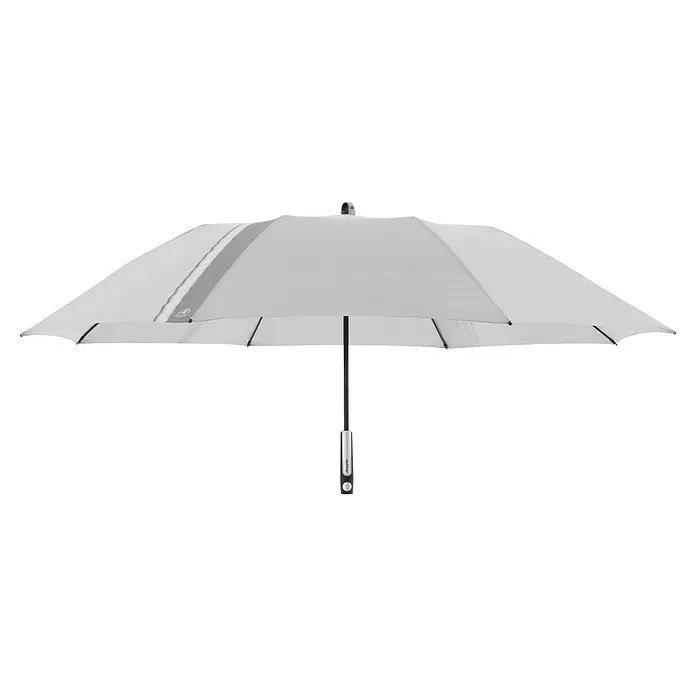 Doppler Expert Strandschirm Manual Muli - Hellgrau, Durchmesser Bespannung: 160 cm - Geöffneter weißer Regenschirm mit grauem Streifen und schwarzem Griff.