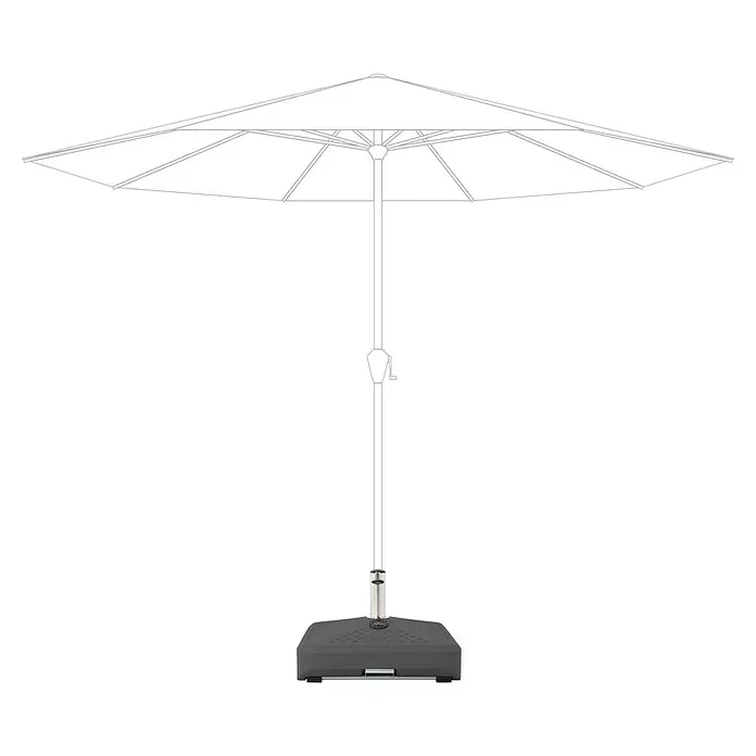Doppler Active Schirmständer Fill-it - 60 x 60 cm, Passend für: Sonnenschirme bis zu 350 cm, Anthrazit - Weißer Sonnenschirm mit dunkelgrauem Sockel für Schatten im Außenbereich.