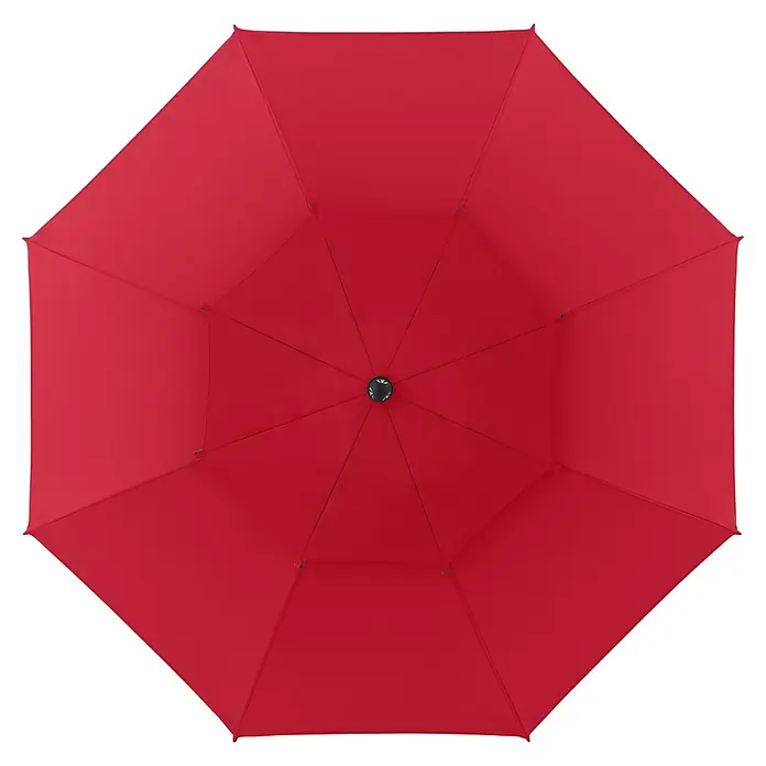 Doppler Strandschirm Windprofi Neo - Rot, Durchmesser Bespannung: 200 cm - Ein roter Regenschirm, von oben aufgenommen, mit einem zentralen schwarzen Knopf und einer achteckigen Form.