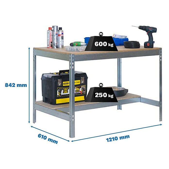 Simonrack Simonwork Werkbank BT0 1200 (L x B: 61 x 121 cm, Arbeitshöhe: 84,2 cm, Belastbarkeit: 850 kg, Silber) | BAUHAUS