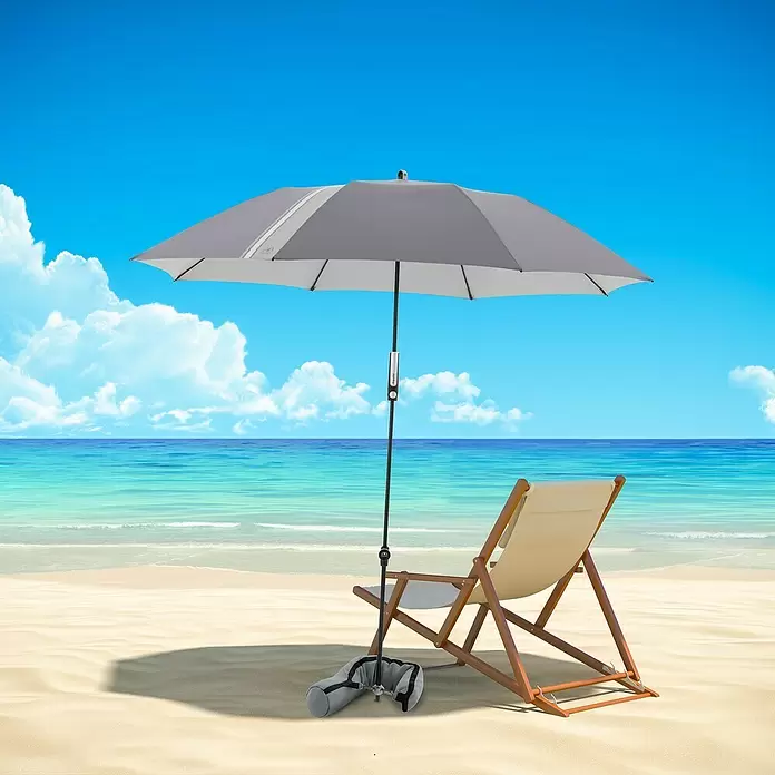 Doppler Expert Strandschirm Manual Muli - Anthrazit, Durchmesser Bespannung: 160 cm - Grauer Sonnenschirm mit Sandanker, auf einem Sandstrand aufgestellt.