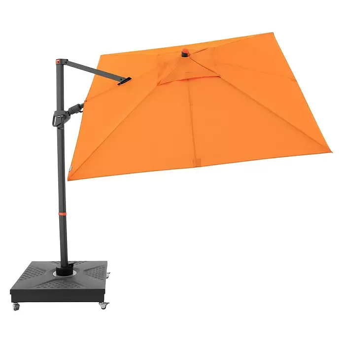 Doppler Ampelschirm myZone AX - Orange, Bespannungsmaß (L x B): 210 x 210 cm - Orangefarbener Ampelschirm mit dunkelgrauem Ständer und Rollsockel.