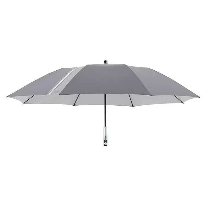 Doppler Expert Strandschirm Manual Muli - Anthrazit, Durchmesser Bespannung: 160 cm - Geöffneter grau-weißer Regenschirm mit weißem Streifen und 'doppler' Griff.