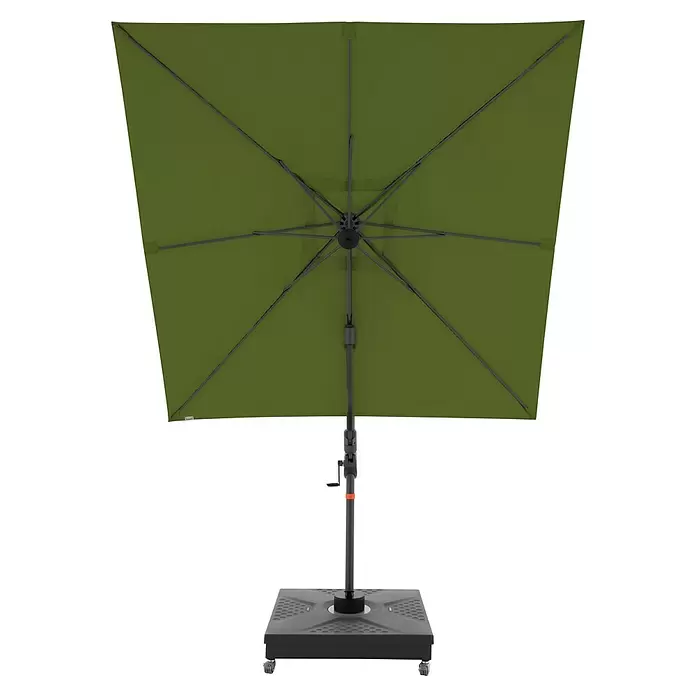 Doppler Ampelschirm myZone AX - Kiwi, Bespannungsmaß (L x B): 210 x 210 cm - Olivgrüner quadratischer Ampelschirm mit Rollfuß, von unten gesehen.
