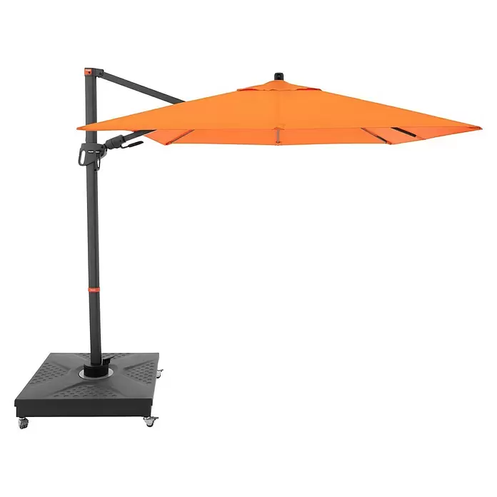 Doppler Ampelschirm myZone AX - Orange, Bespannungsmaß (L x B): 210 x 210 cm - Orangefarbener Ampelschirm mit grauem Gestell und fahrbarem Fuß.
