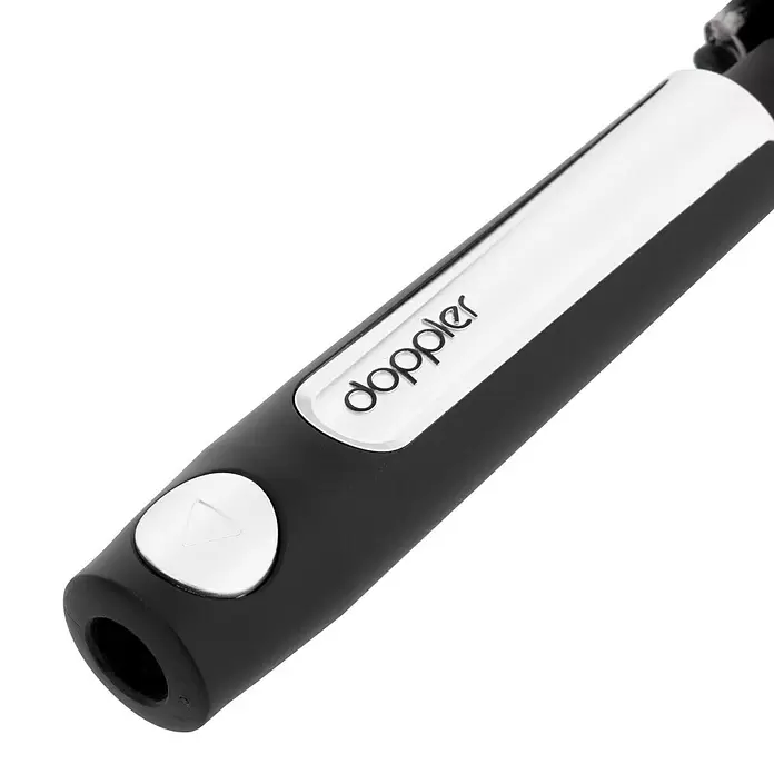 Doppler Expert Strandschirm Manual Muli - Anthrazit, Durchmesser Bespannung: 160 cm - Schwarz-silberner Griff mit 'doppler'-Logo und rundem Knopf mit dreieckigem Symbol.