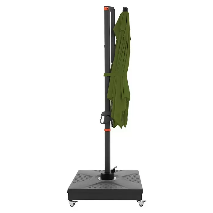 Doppler Ampelschirm myZone AX - Kiwi, Bespannungsmaß (L x B): 210 x 210 cm - Geschlossener grüner Ampelschirm mit dunkelgrauem Mast und rollbarem Sockel.